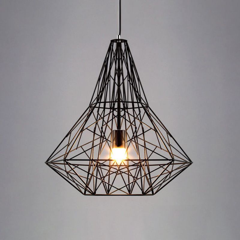 Industrial Cage Diamond Pendant Lighting 1 Head Metallic Hanging Lamp in Black/White for Dining Room, 16"/19.5" Dia