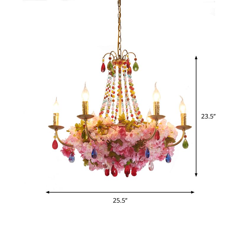 Candlestick Restaurant Hanging Chandelier Antique Iron 6/12 Lights Gold Flower Pendant with Colorful Crystal