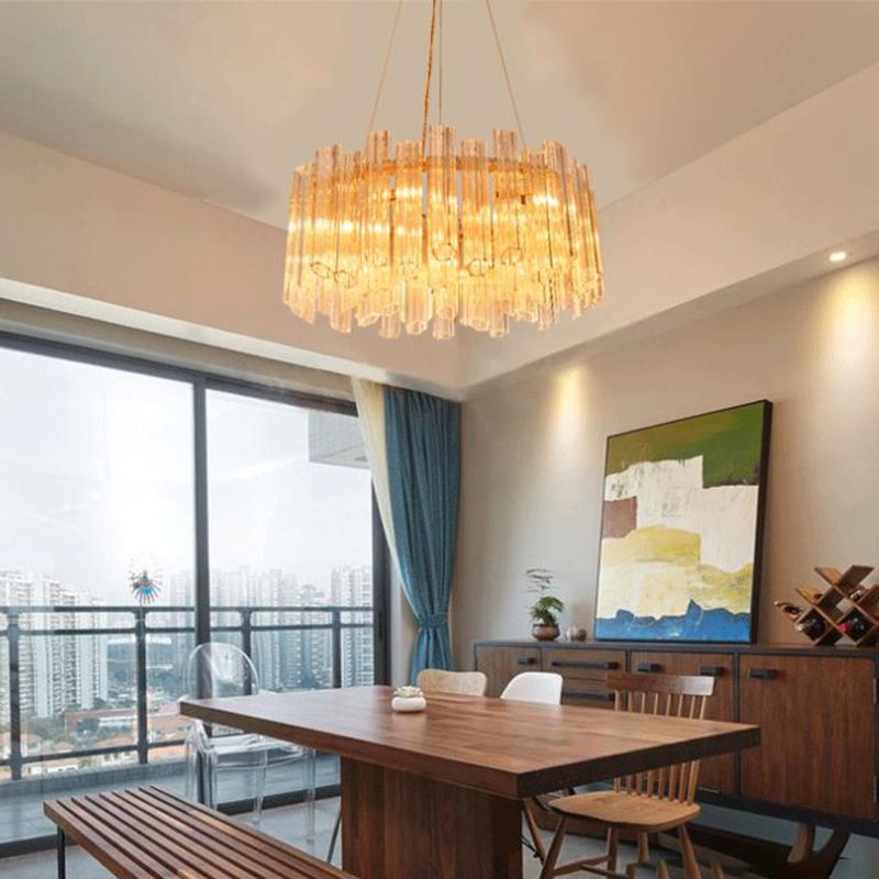 Circular Chandelier Light Modern Ridged Clear Crystal 8 Heads Gold Hanging Light Fixture