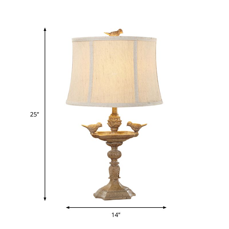 Resin Bird Base Desk Light Countryside 1 Head Study Room Night Table Lamp in Light Brown with Fabric Shade