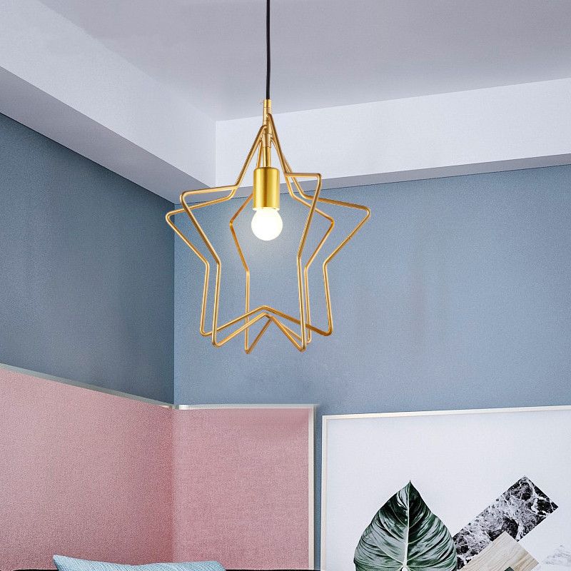 Single-Bulb Ceiling Lamp Vintage Star Cage Metal Hanging Light in Gold for Dining Room