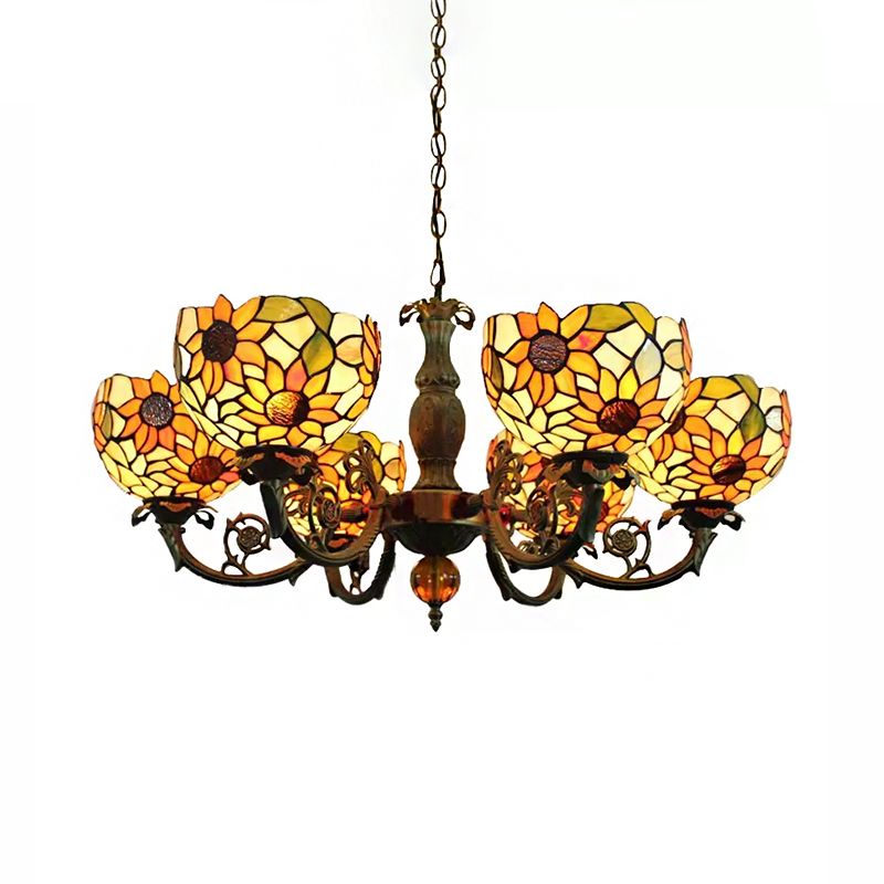 Large Chandeliers for Living Room, 6-Lights Sunflower Pendant Lighting with Stained Glass Shade Tiffany Style