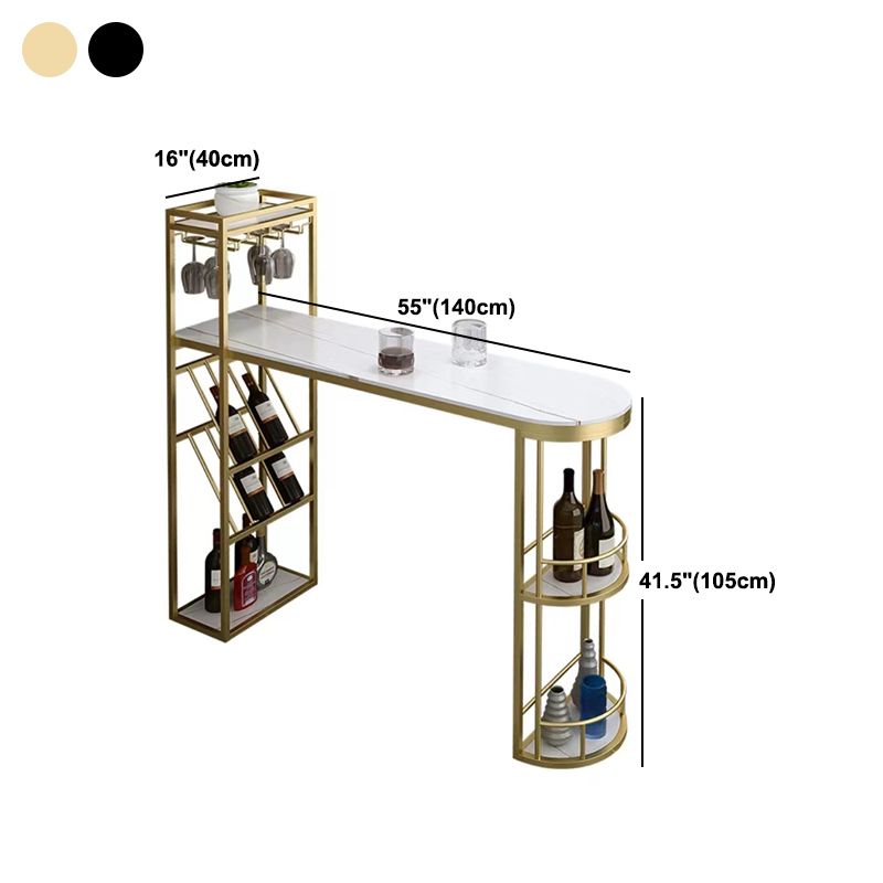 Contemporary Bistro Accent Dining Table Stone and Metal Bar Table with Wine Rack