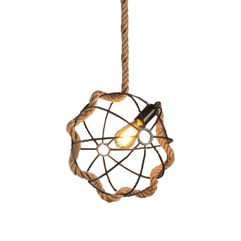 Beige 1 Light Pendant Lighting Industrial Metal and Rope Round Hanging Lamp for Dining Room