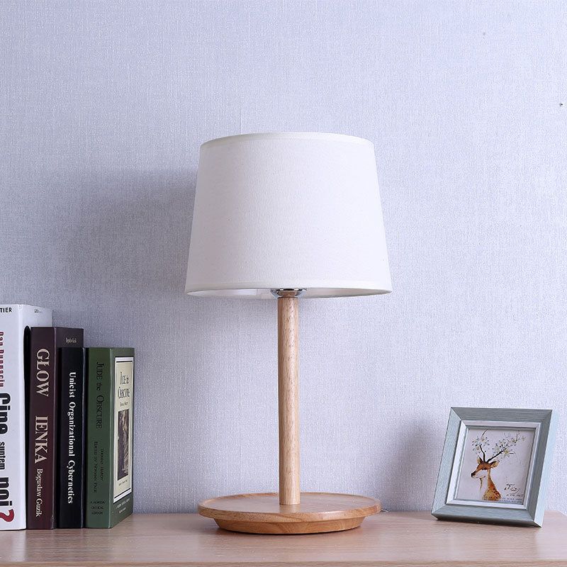 Barrel Task Lamp Modernist Fabric 1 Bulb White Table Light, Round Beige Wood Base