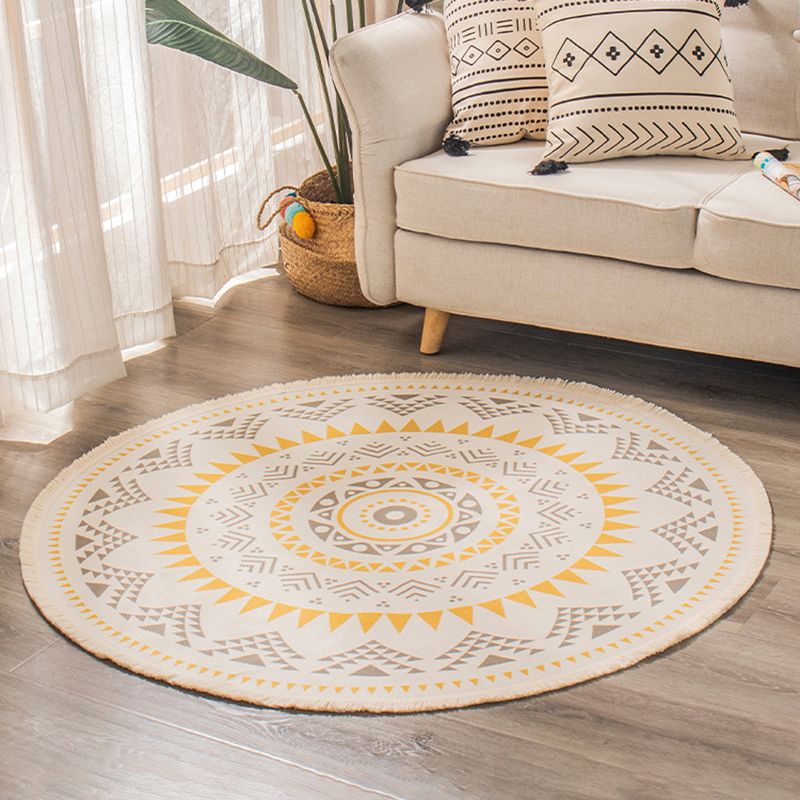 Simple Area Rug Tribal Print Round Carpet Washable Cotton Blend Rug with Fringe