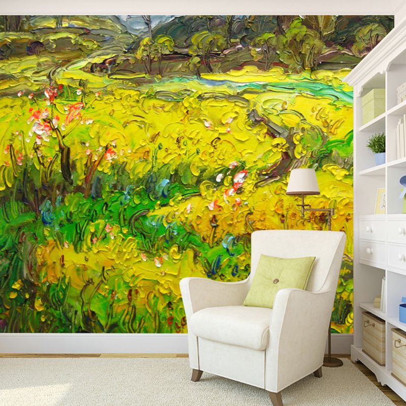 Artistic Summer Field Mural Wallpaper for Bedroom Decor Full Size Wall Covering in Yellow-Green
