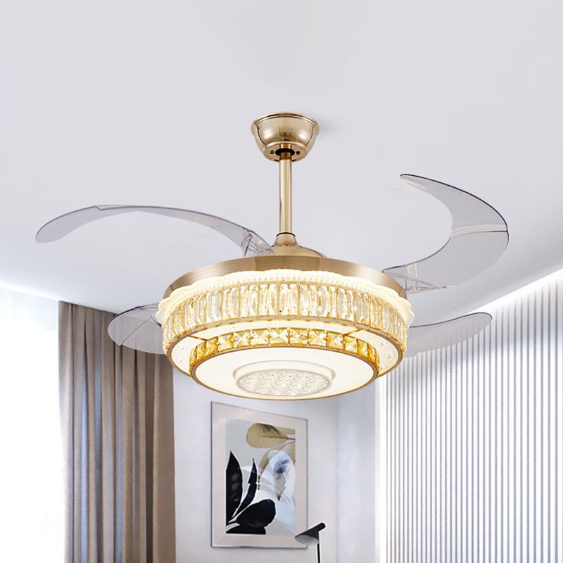 42" Wide Crystal 2-Tier Round Fan Lamp Modern Sitting Room LED Semi Flush Light Fixture in Gold with 4 Clear Blades