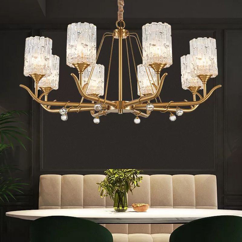 3/6/8-Light Hand-Blown Textured Glass Chandelier Postmodern Brass Cylinder Dining Room Hanging Ceiling Light