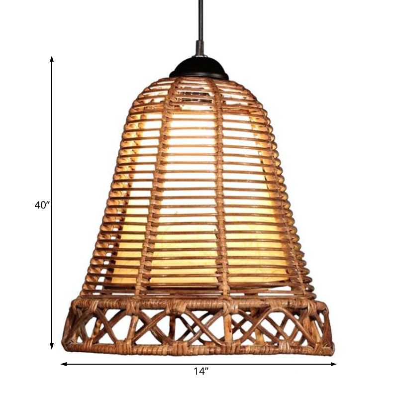 Rattan Bell Shaped Hanging Light Rustic Style 1 Head Beige Drop Light for Living Room Restaurant