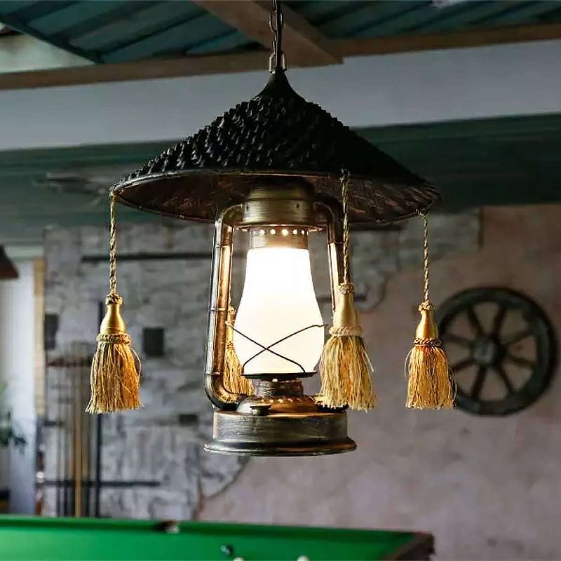 Lanterne en verre givré Style de lampe suspendue 1 tête plafond noir avec conception de chapeau pour balcon