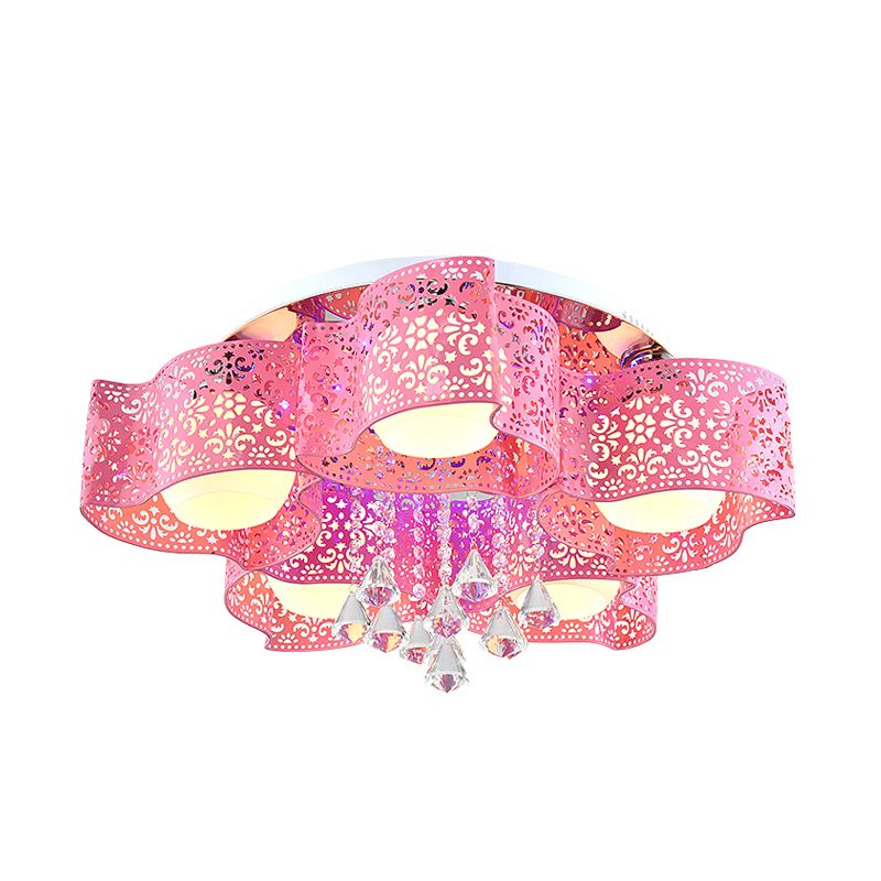 Modernist Etched Flower Ceiling Lamp Crystal 3/5 Lights Ceiling Lamp with Opal Glass Ball Shade in Pink/White