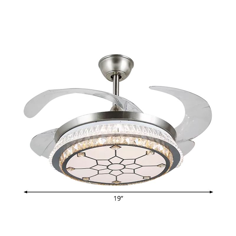 Silver Layered 4 Blades Semi-Flush Mount Modernism LED Crystal Pendant Fan Light Fixture, 19" Wide