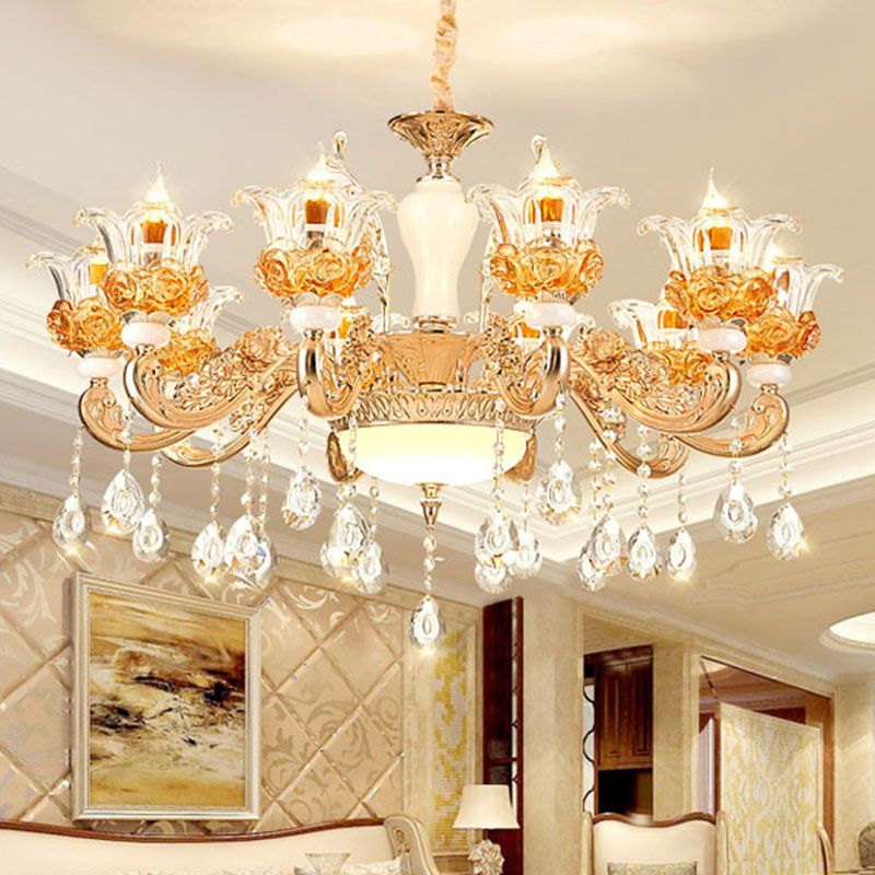 Living Room Chandelier Lamp Simple Gold Suspension Light Fixture with Floral Clear Glass Shade