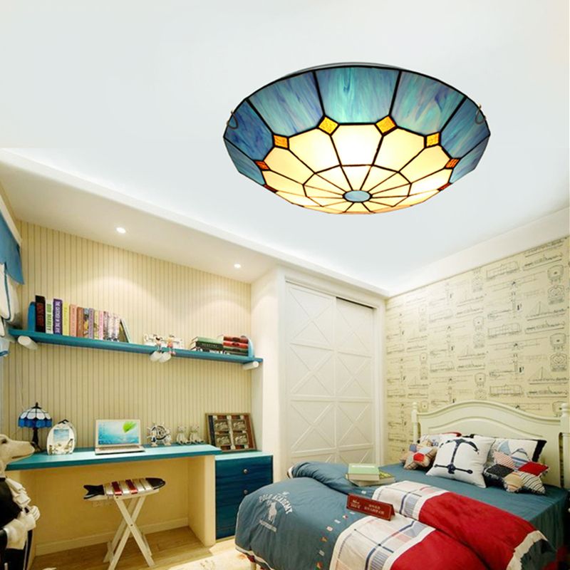 Tiffany Style Bowl Shape Flush Mount Glass 1 Light Ceiling Light for Bedroom