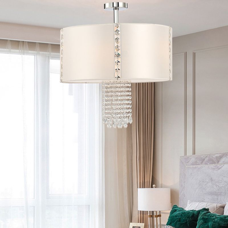 Contemporary 5 Lights Chandelier with Fabric Shade White Round Drop Pendant with Crystal Beans