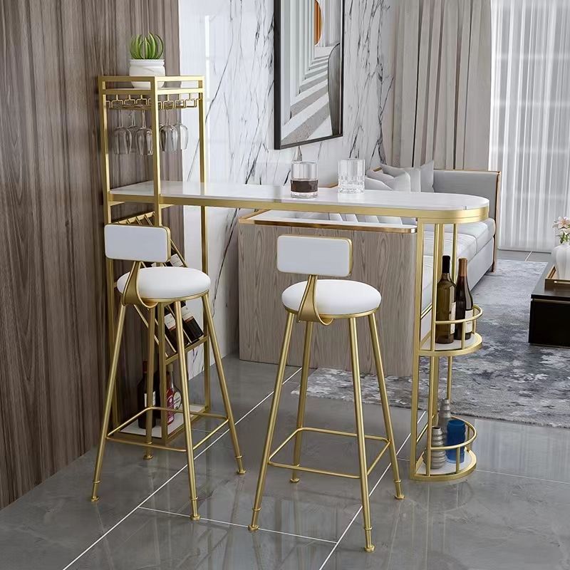 Contemporary Bistro Accent Dining Table Stone and Metal Bar Table with Wine Rack