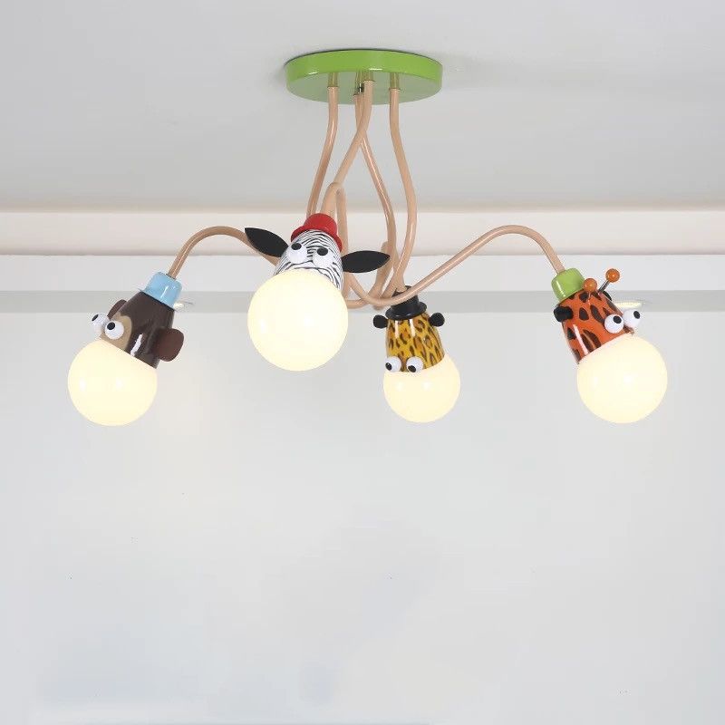 Exposed Bulb Flush Mount Fixture Cartoon Metal Orange Semi Flush Ceiling Light with Animal Decoration