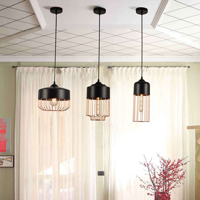 Iron Geometrical Cage Pendant Light Antique 1-Light Dining Room Hanging Light Fixture in Black