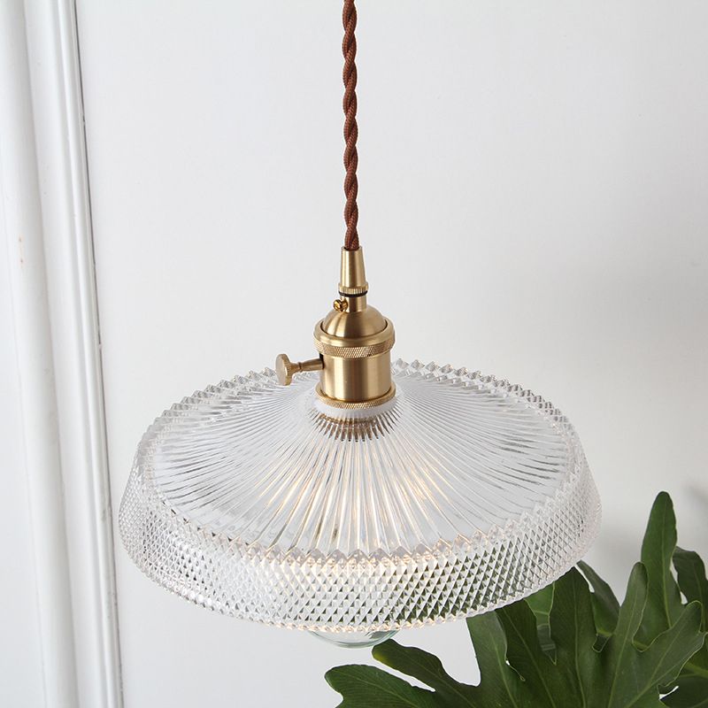 Loft Style Shaded Pendant Light Kit 1-Head Carved Glass Suspension Lighting in Brass