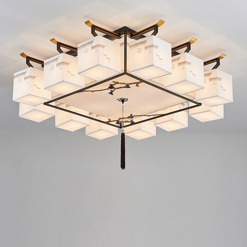 Wit Sputnik LED -plafondlicht in traditionele artistieke stijl Stoffen Indoor Semi Flush Mount met keramische bloemendecoratie