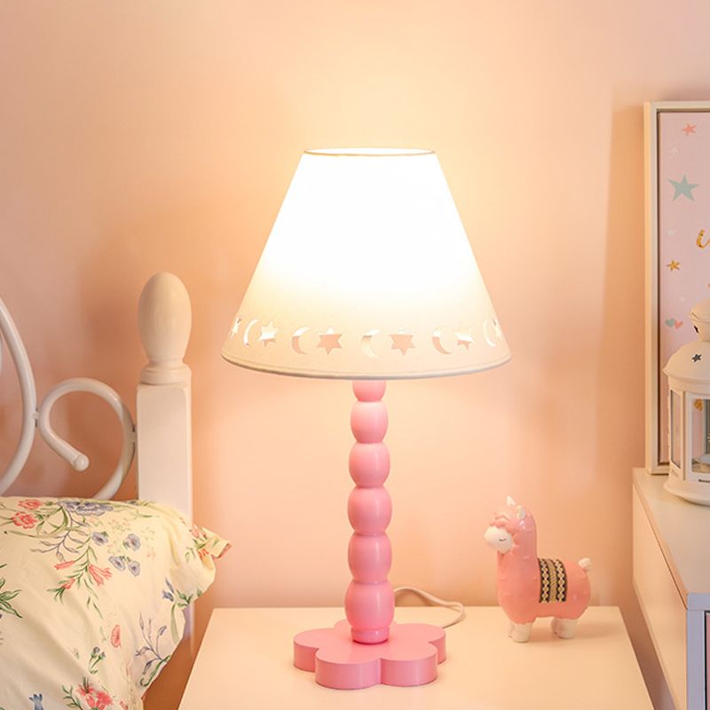 Kids Cone Table Lamp Fabric 1 Light Bedroom Night Light with Cutout Design and Wood Base in Pink/Pink and White/Pink and Green