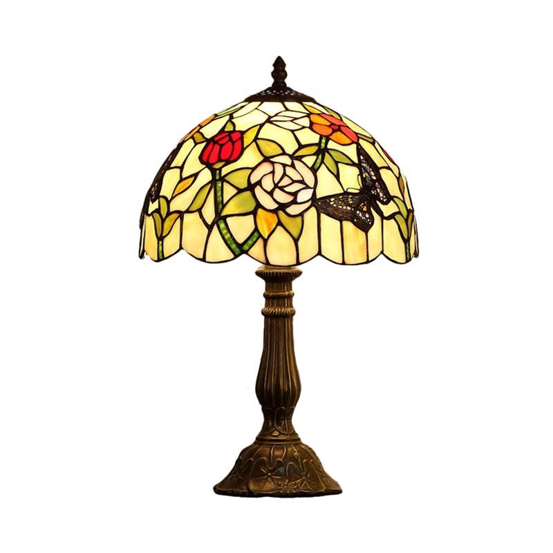 Butterfly and Flowerbud Table Lamp Tiffany Stained Glass Single-Bulb Bronze Nightstand Light