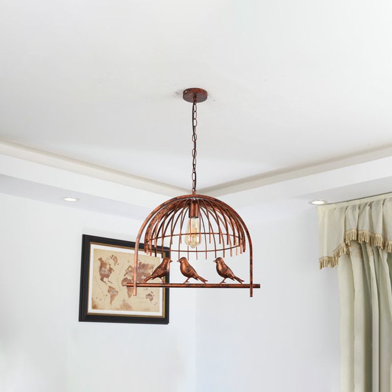 1 Head Wire Dome Hanging Light with Bird Decoration Lodge Style Rust Metal Suspension Lamp