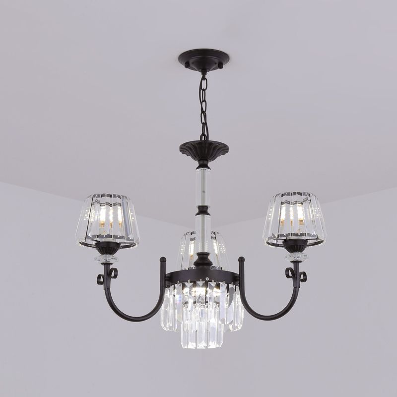 Conical Crystal Prisms Drop Pendant Modernist 3/6 Heads Black Ceiling Chandelier with Curved Arm