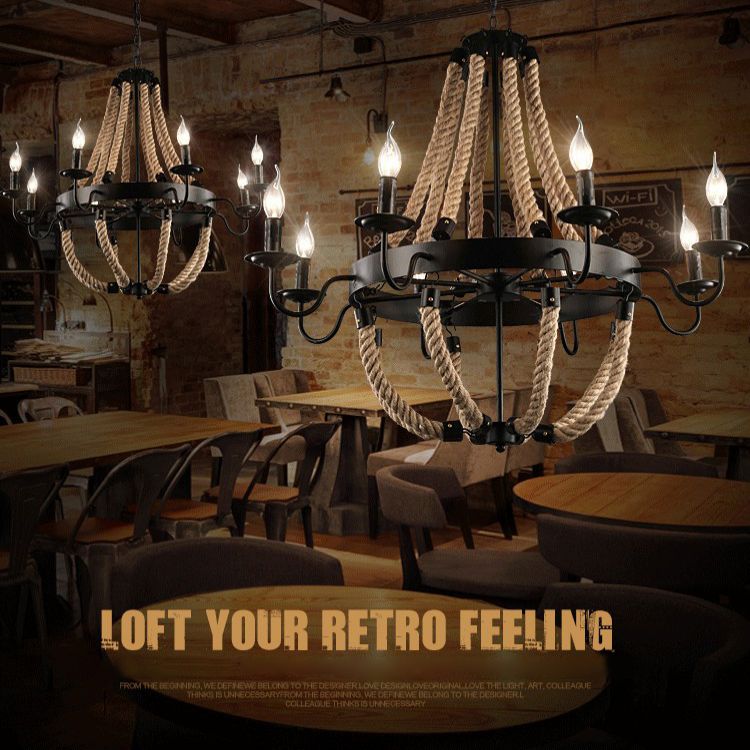 Seil Candelabra Pendelleuchte Retro -Restaurant Kronleuchter Licht in Schwarz