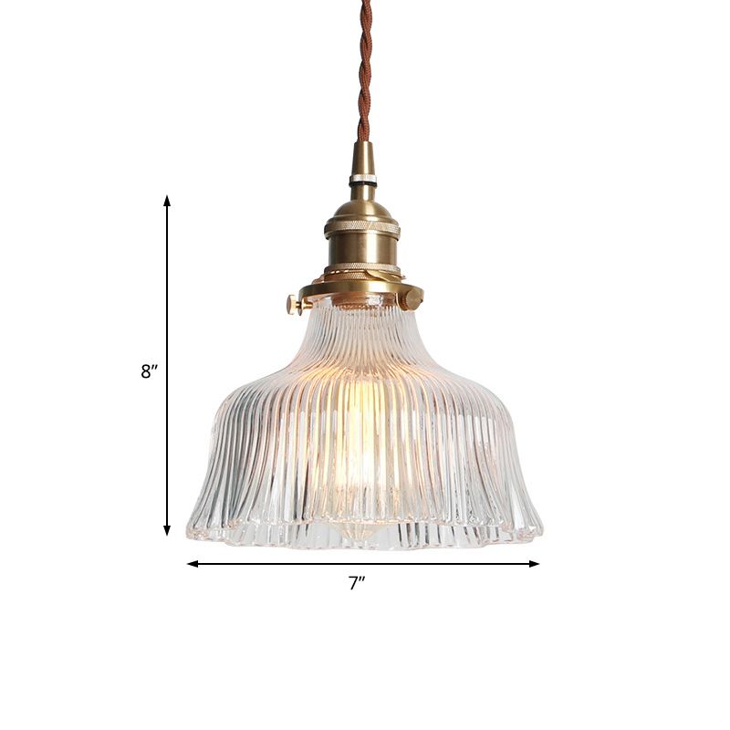 Brass 1 Light Pendant Lighting Industrial Clear Textured Glass Barn Hanging Lamp for Indoor, 6"/8"