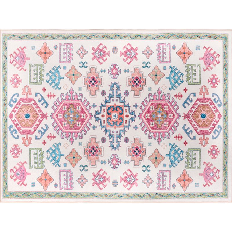 White and Pink Bohemian Rug Polyester Flower Pattern Rug Pet Friendly Washable Anti-Slip Backing Carpet for Decoration