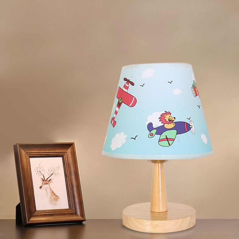 Fabric Conical Table Lamp Cartoon 1 Head Wood Nightstand Light with Airplane/Elephant/Bear Pattern for Bedroom