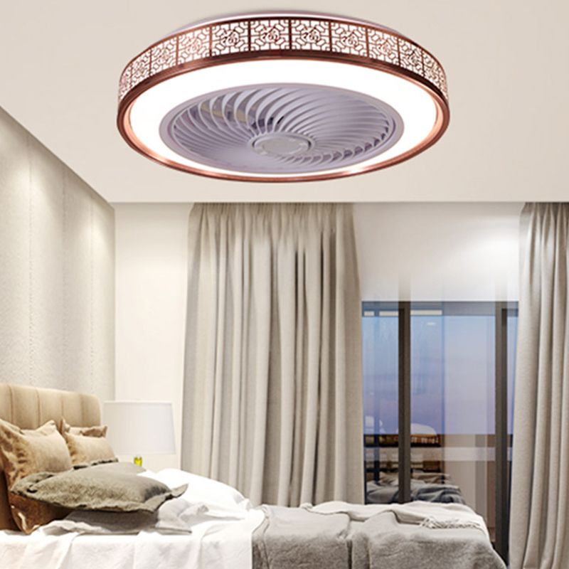 Drum Metallic LED Ceiling Fan Fixture Modern Style Semi Flush Mount Light for Dining Room