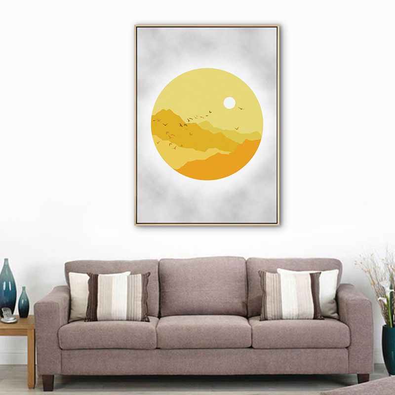 Sunset Mountain Canvas House Interior Scenery Drawing Art Print in Yellow for Decor