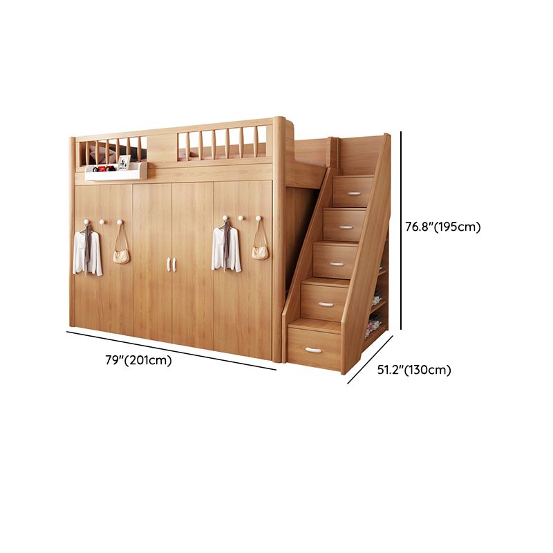 Scandinavian Wood High Loft Bed Natural Bunk Bed with Stairway and Storage