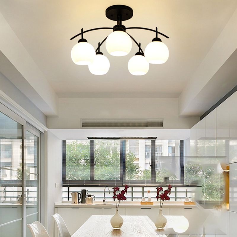 Black Sputnik Semi Flush Mount in Traditional Simplicity Wrought Iron Ceiling Light with Glass Shade