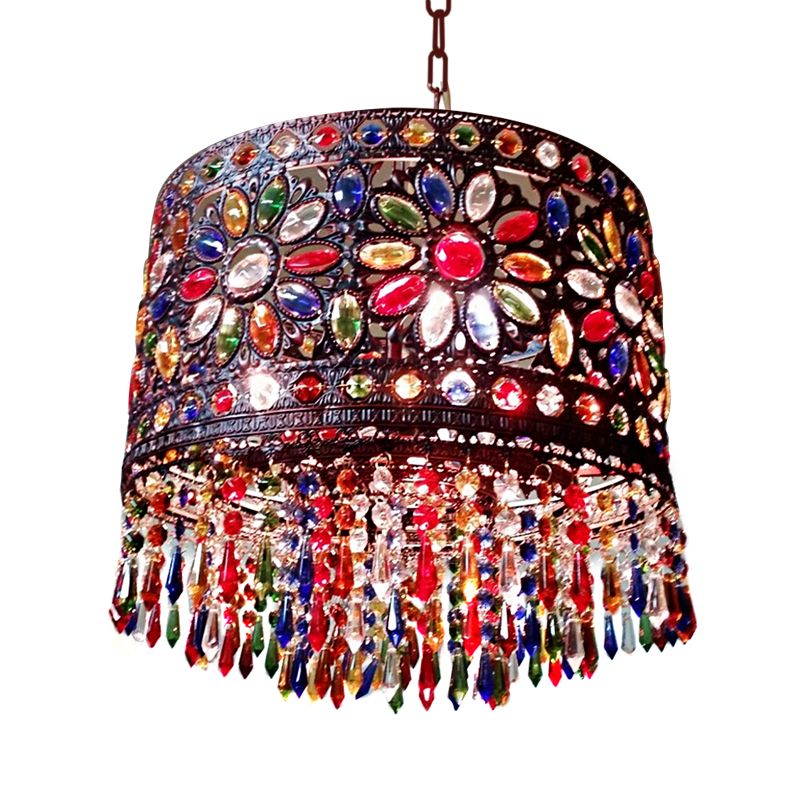 Drum Metallic Suspension Lamp Bohemian 3 teste Lampada del lampadario soggiorno con cristallo deco in rosso