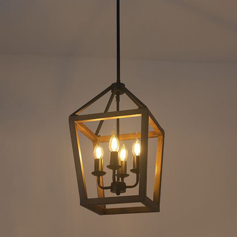 4 luces Vintage de lámpara de lámpara de lámpara de estilo industrial + marcos de madera con velas de encendido con forma de iluminación de suspensión para cafetería