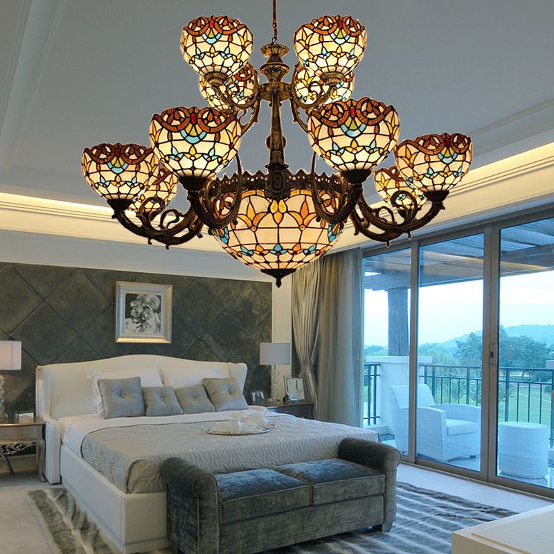 Baroque Style Extra Large Chandeliers 26/13-Light Art Glass Pendant Ceiling Lamp in Brown for Living Room