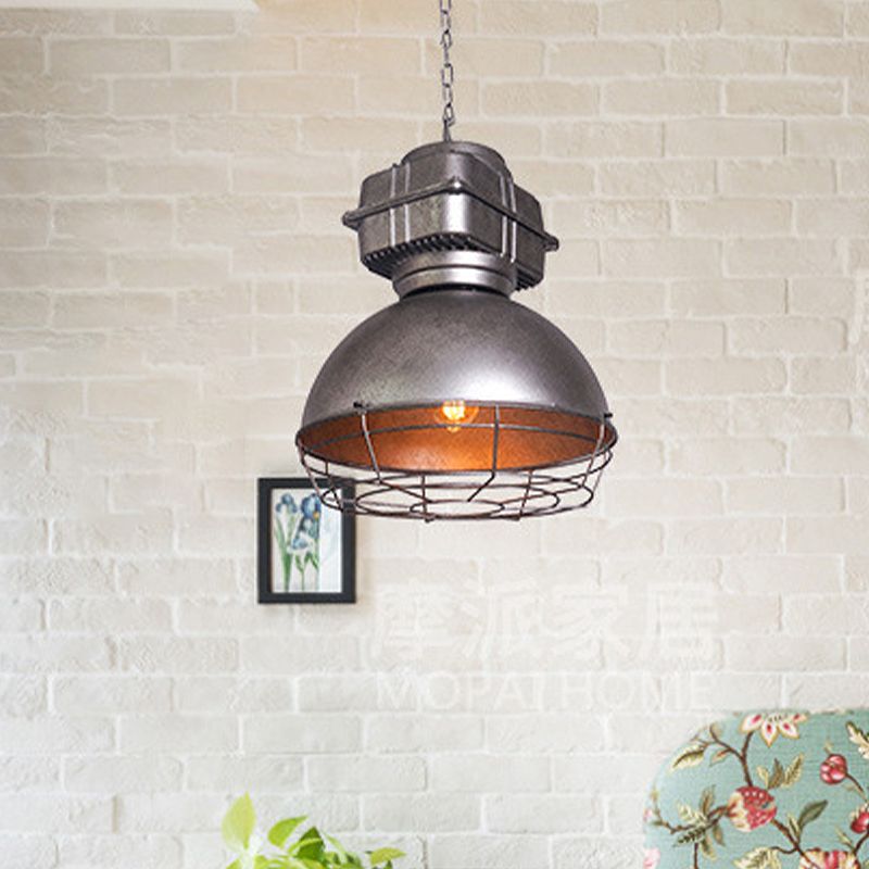 Aged Silver Bowl Ceiling Pendant Industrial Style Iron 1 Light Restaurant Drop Lamp with Wire Guard