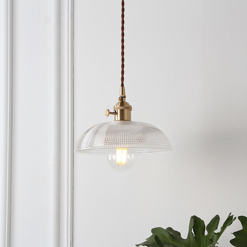 1-Bulb Hanging Lamp Farm Dining Room Pendant Lighting Fixture with Geometry Clear Lattice Glass Shade in Brass