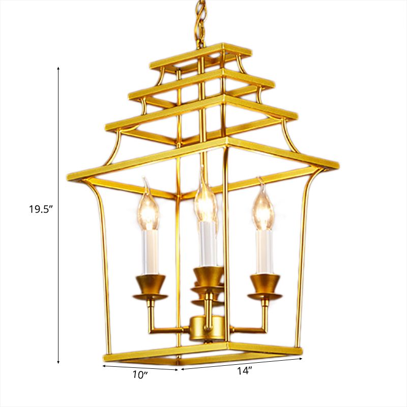 Lámpara colgante de jaula de linterna dorada 4 luces 4 luces de sala de estar iluminación colgante