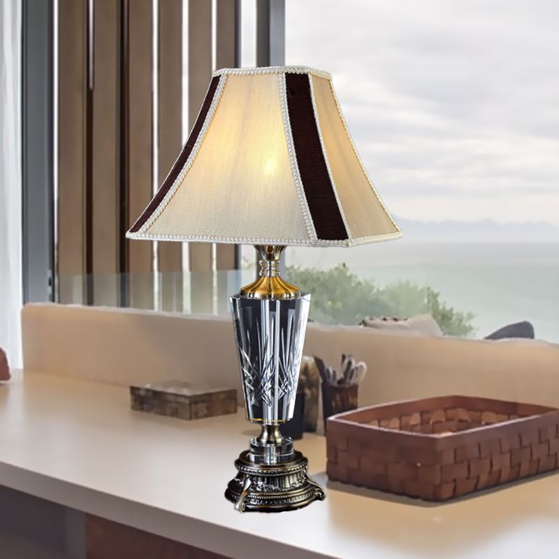 Fabric Bell Table Lamp Modern 1 Head Beige Desk Light with Sculpted Bronze Metallic Base