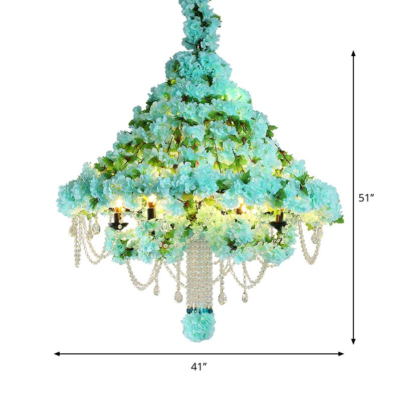 6-Head Conical Cage Chandelier Industrial Blue Iron Flower Ceiling Pendant with Dangling Crystal