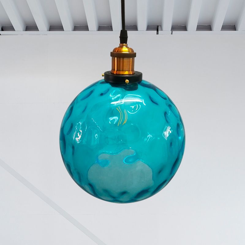 Globe Pendant Light Industrial 1 Light 8"/10"/12" Wide Dimpled Glass Hanging Lamp in Blue