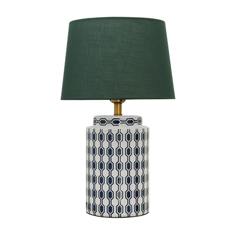 Cylindrical Bedside Nightstand Lamp Patterned Ceramic Single Simplistic Table Light with Empire Shade in Green