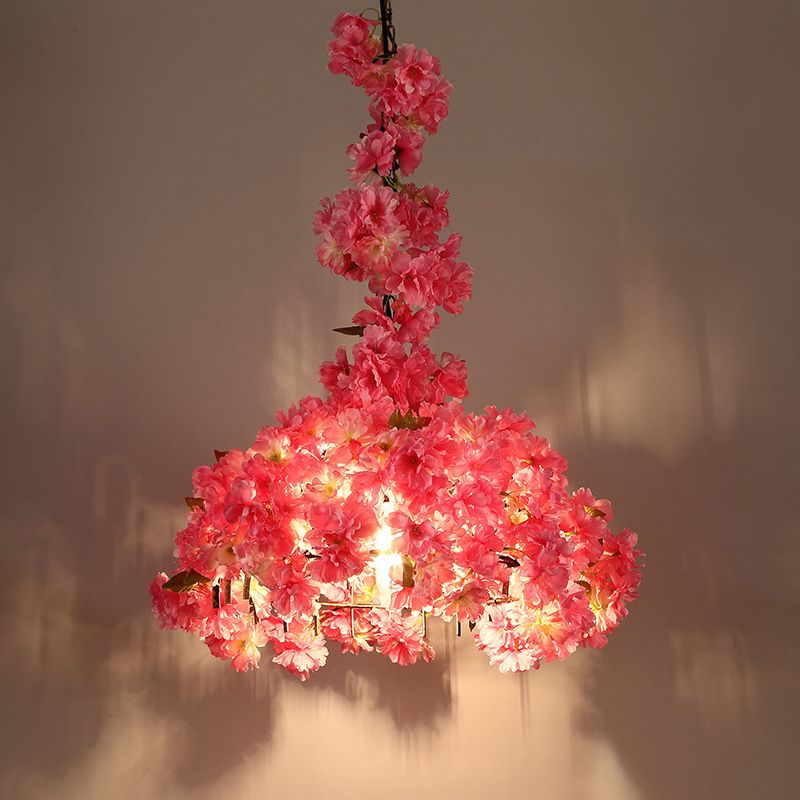 Country Flower Blossom Pendant Light Metallic LED Hanging Ceiling Light in Pink for Beer Bar