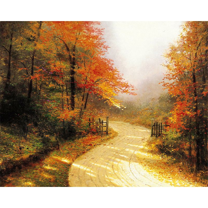 Large Autumn Lane Mural Wallpaper Stain-Resistant Classical Corridor Wall Art. Orange-Yellow