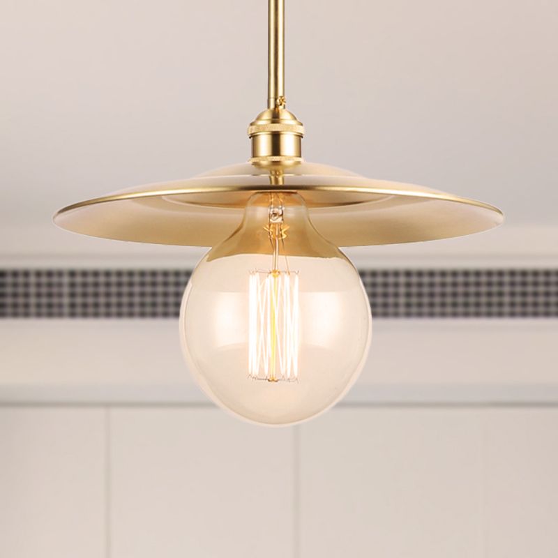 Mid Century Flat Shade Ceiling Fixture 1 Bulb Metallic Pendant Lighting in Brass Finish over Table